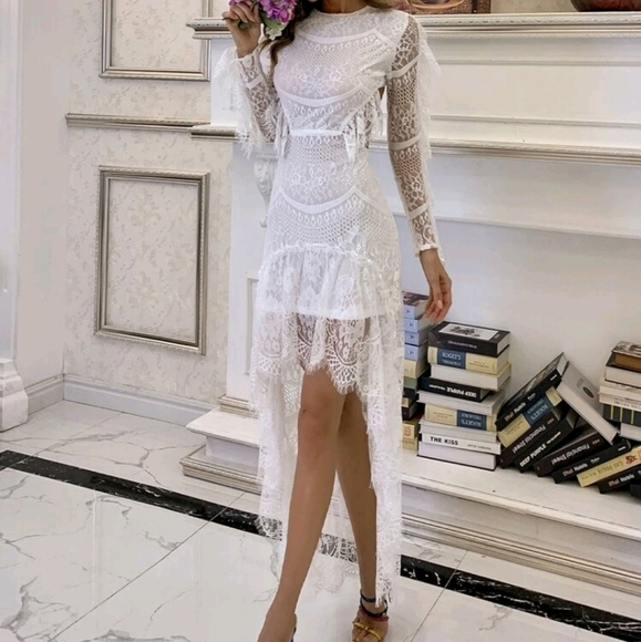 NEW RUFFLE TRIM BACKLESS HI-LO LACE DRESS - Picture 3 of 10